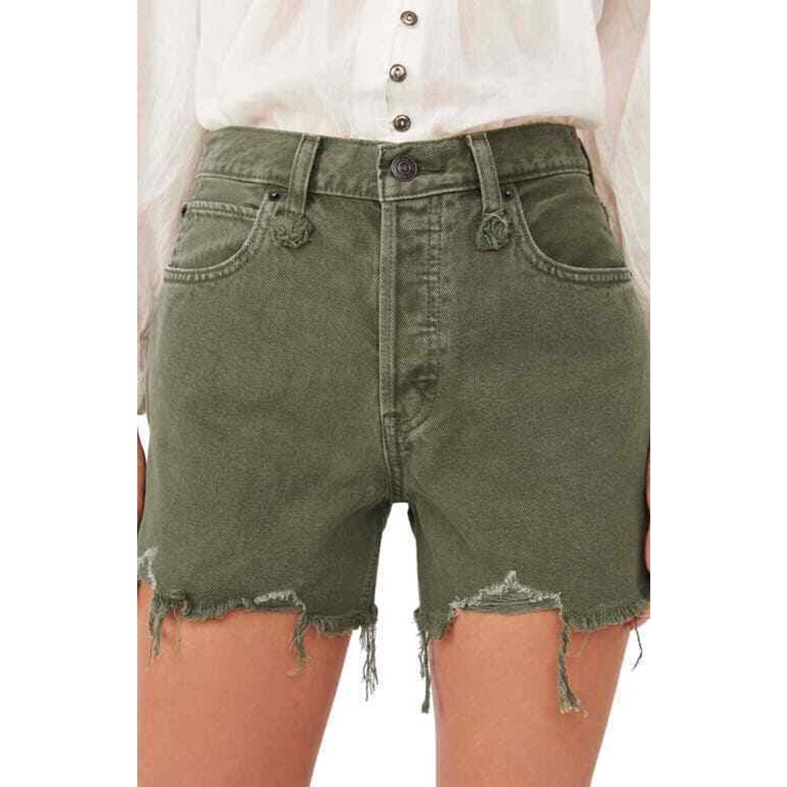Free People We The Free Makai Ripped Cutoff Denim Shorts Army Size 25 0905
